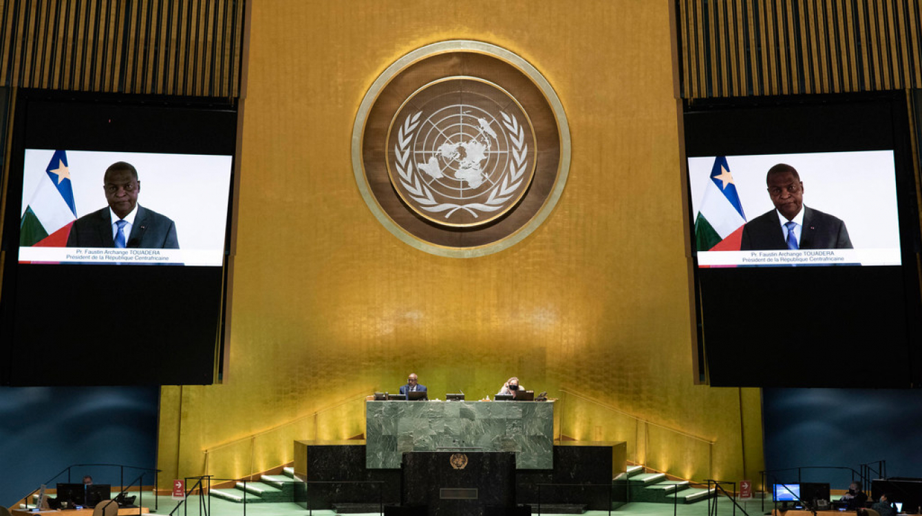 Faustin Archange Touadera (on screen) of the Central African Republic addresses the general debate of the General Assembly’s seventy-fifth session.