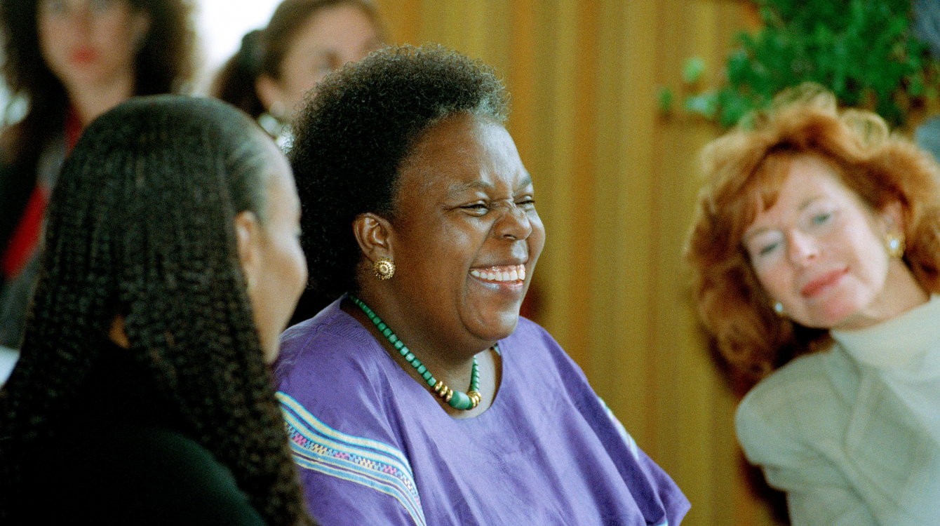 Gertrude Mongella (centre), Secretary-General of the Fourth World Conference on Women, at a media...