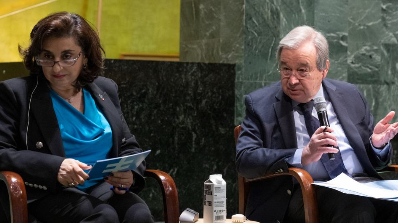 UN Secretary-General António Guterres (right) speaks during a Town Hall meeting with Civil Society
