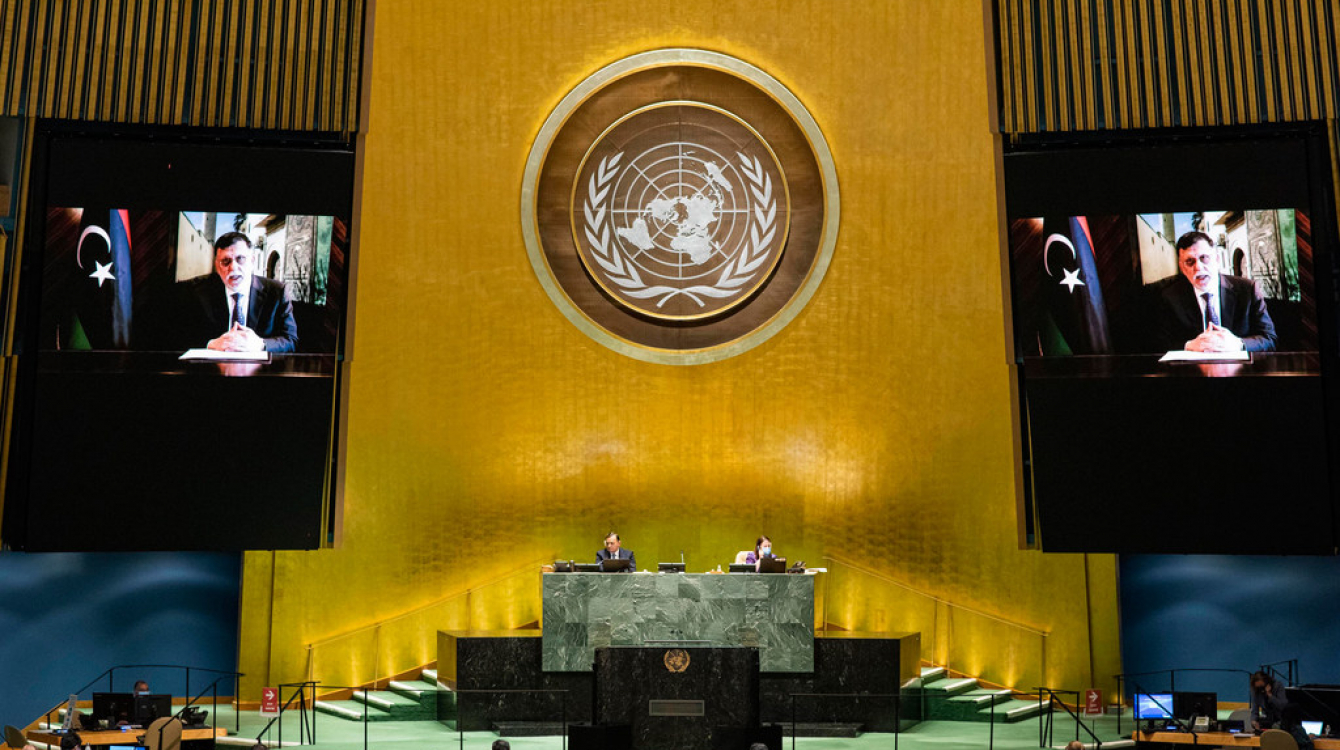 Faiez Mustafa Serraj (on screen), President of the Presidency Council of the Government of National Accord, State of Libya, addresses the general debate of the General Assembly’s seventy-fifth session.