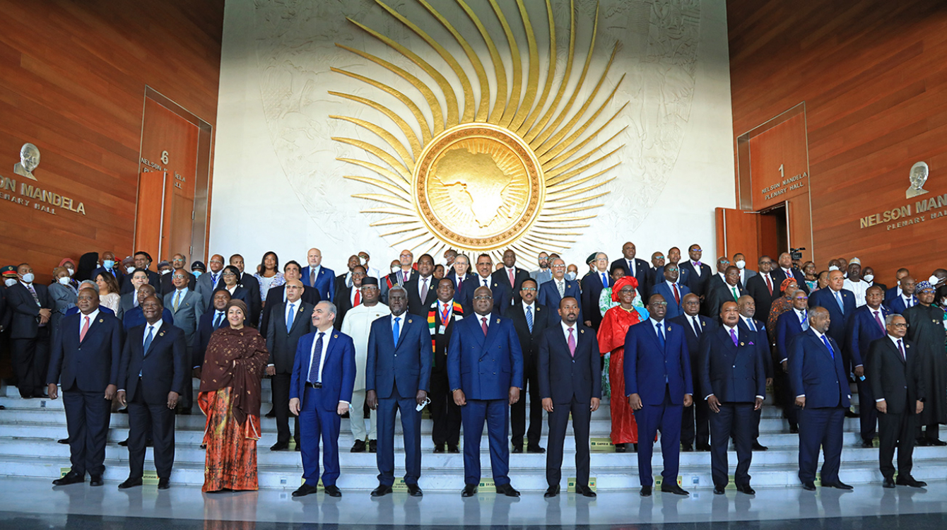 A large group of African leaders on stage at the AU Assembly of the Union in February 2022.