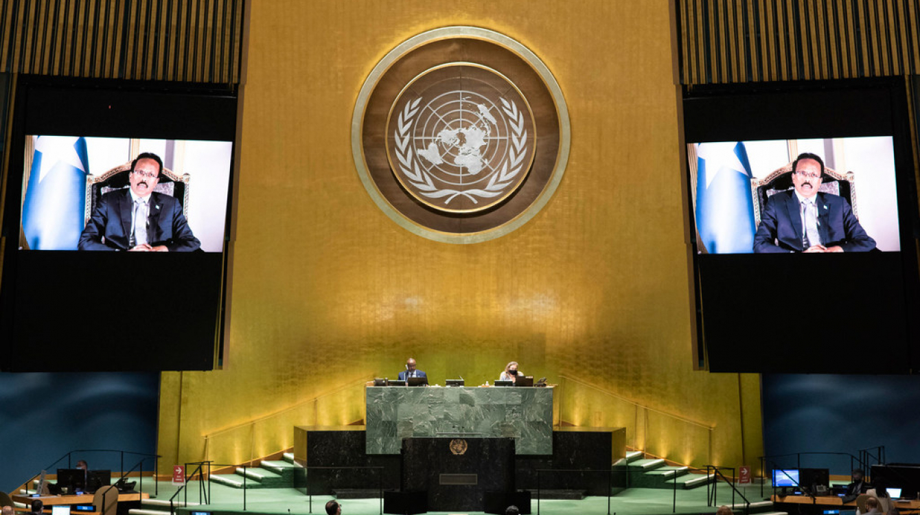 President Mohamed Abdullahi Mohamed Farmajo (on screen) of Somalia addresses the general debate of the General Assembly’s seventy-fifth session.