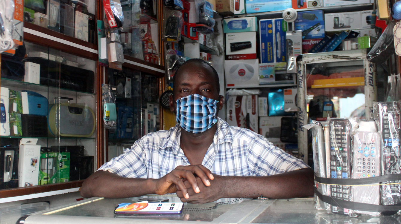 A trader in his electronics shop in the market in Treichville, Abidjan, during the COVID-19 crisis. 