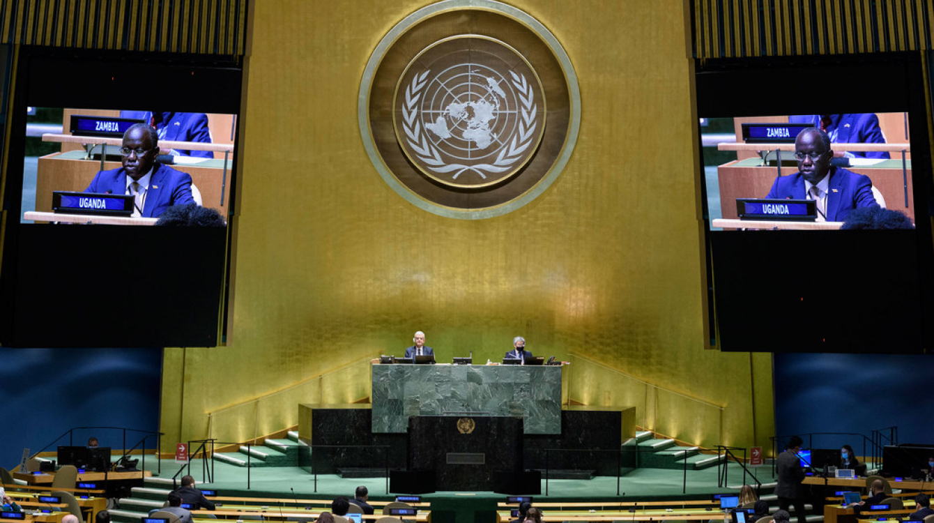 Philip Ochen Odida (on screen), Deputy Permanent Representative of Uganda, addresses the general debate of the General Assembly’s seventy-fifth session.