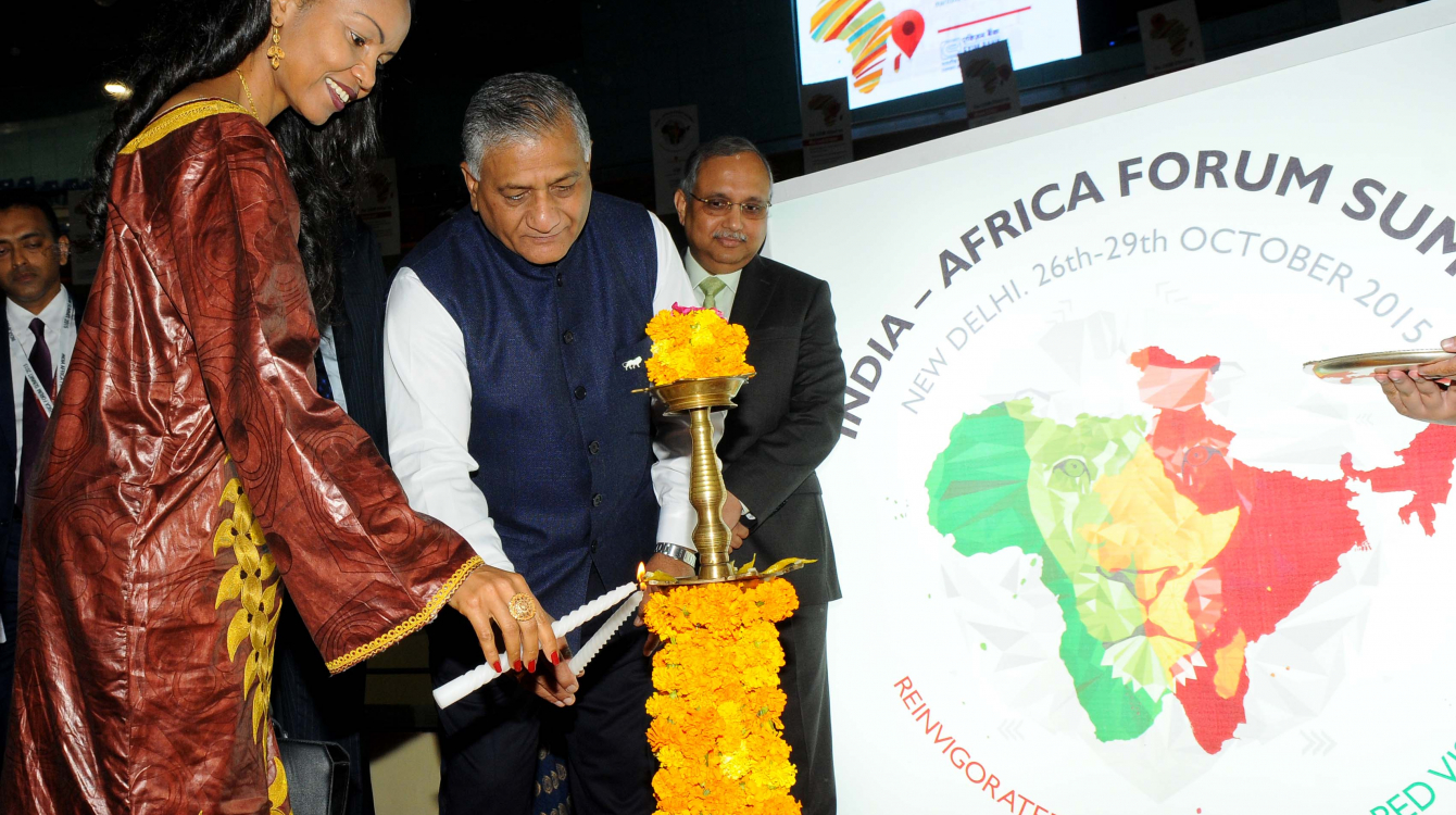 African Union Commissioner for Trade and Industry Fatima Haram Acyl (left) and India Minister of State for External Affairs Vijay Kumar Singh  (center) at the Third India-Africa Forum Summit in October 2015 in New Dehli, India. Photo: India Ministry of St