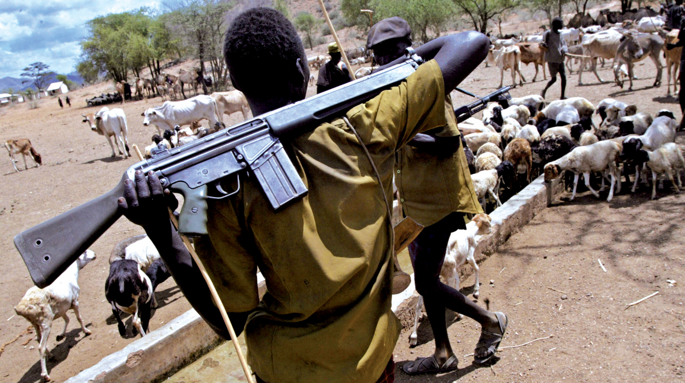 Des bergers Turkana armés gardent leur bétail à un point d'eau à Oropoyi au Kenya