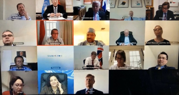 Under-Secretary-General for Peace Operations Jean-Pierre Lacroix (bottom right) is one of the many UN Peacekeeping personnel currently working from home. Here, he joined the first virtual briefing of the UN Security Council.