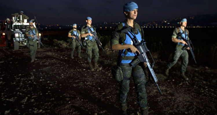 UNIFIL’s Spanish peacekeepers on an evening foot patrol along the Blue Line at the outskirts of Kafar Kela, south Lebanon.