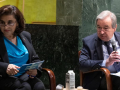 UN Secretary-General António Guterres (right) speaks during a Town Hall meeting with Civil Society.