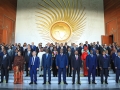 A large group of African leaders on stage at the AU Assembly of the Union in February 2022.