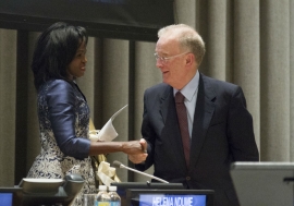 The two laureates, Helena Ndume of Namibia and Jorge Fernando Branco Sampaio of Portugal. Photo: UN/Rick Bajornas