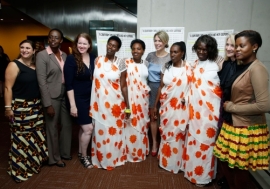 Film Director Michele Mitchell (5th right) at the UN screening of "The Uncondemned" with the four women who testified before the International Criminal Tribunal for  Rwanda and Godeliève Mukasarasi of the SEVOTA support group for widows and orphans. UN Ph