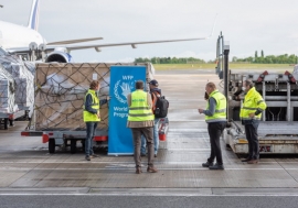 A WFP-contracted Boeing 757 cargo flight being prepared to depart the newly-established Global Humanitarian Response Hub in Liège, Belgium carrying almost 16 mt of medical cargo and personal protective equipment such as masks and gloves on behalf of UNICE