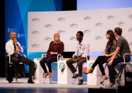 Young entrepreneurs from Egypt, Rwanda and Peru discuss their experiences with US former President Barack Obama and Facebook CEO Mark Zuckerberg at an entrepreneurship summit at Stanford University last year. Photo: Stanford University/Aaron Kehoe