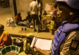 A police officer from the UN mission in Mali (MINUSMA) on patrol in Timbuktu.