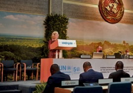 UNEP Executive Director Inger Andersen on podium speaking to UN Environment Assembly.