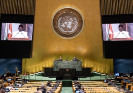 President Mahamadou Issoufou (on screen) of Niger addresses the general debate of the General ...