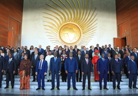 A large group of African leaders on stage at the AU Assembly of the Union in February 2022.
