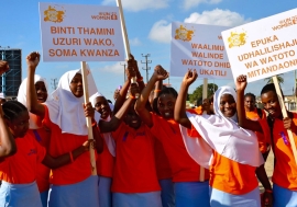 In Dar es Salaam, Tanzania, school girls organize a march against gender violence.