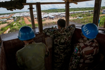 Peacekeepers of the UN Mission in Sudan (UNMISS) man a guard post overlooking a POC (Protection of Civilians) site in Juba. 