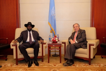 Secretary-General António Guterres (right) meets with Salva Kiir, President of South Sudan, at the 28th summit of the African Union (AU), in Addis Ababa, Ethiopia. UN Photo/Antonio Fiorente