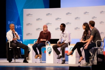 Young entrepreneurs from Egypt, Rwanda and Peru discuss their experiences with US former President Barack Obama and Facebook CEO Mark Zuckerberg at an entrepreneurship summit at Stanford University last year. Photo: Stanford University/Aaron Kehoe