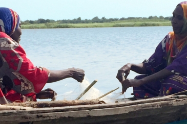 UN News/Dan Dickinson Fisherwomen like Falmata Mboh Ali (right) hard at work on Lake Chad, which has shrunk to a tenth of its original size over the past decades leaving dwindling stocks of fish.