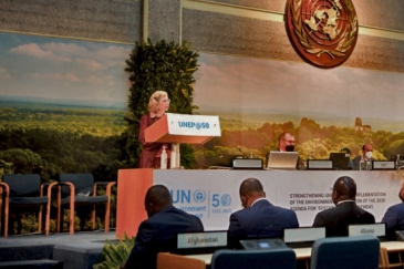 UNEP Executive Director Inger Andersen on podium speaking to UN Environment Assembly.