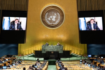 President Mohamed Abdullahi Mohamed Farmajo (on screen) of Somalia addresses the general debate...