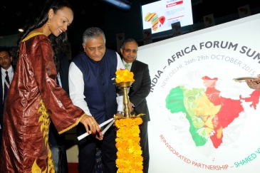 African Union Commissioner for Trade and Industry Fatima Haram Acyl (left) and India Minister of State for External Affairs Vijay Kumar Singh  (center) at the Third India-Africa Forum Summit in October 2015 in New Dehli, India. Photo: India Ministry of St