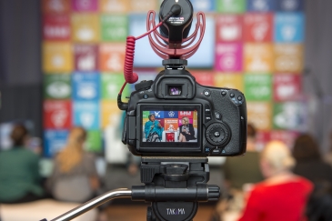 Deputy Secretary-General Amina Mohammed (left, on screen) in an interview at the SDG Media Zone.