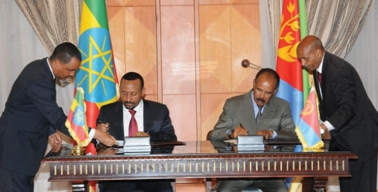 President Isaias Afwerki and Prime Minister Abiy Ahmed sign the Joint Declaration of Peace and Friendship between Eritrea and Ethiopia on 9 July 2018. Photo: Yemane Gebremeskel