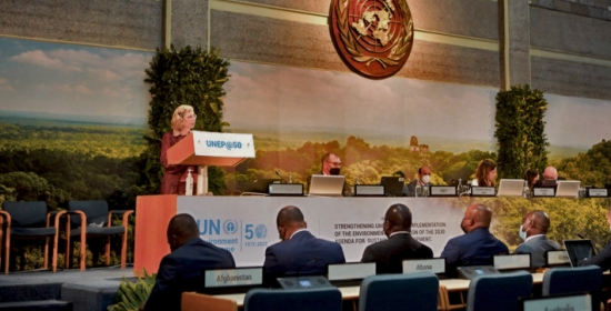 UNEP Executive Director Inger Andersen on podium speaking to UN Environment Assembly.
