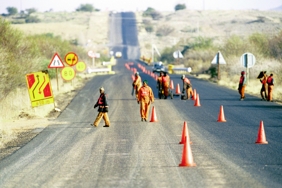Roadworkers undertaking repairs on a World Bank funded road. Photo credit: World Bank/Trevor Samson