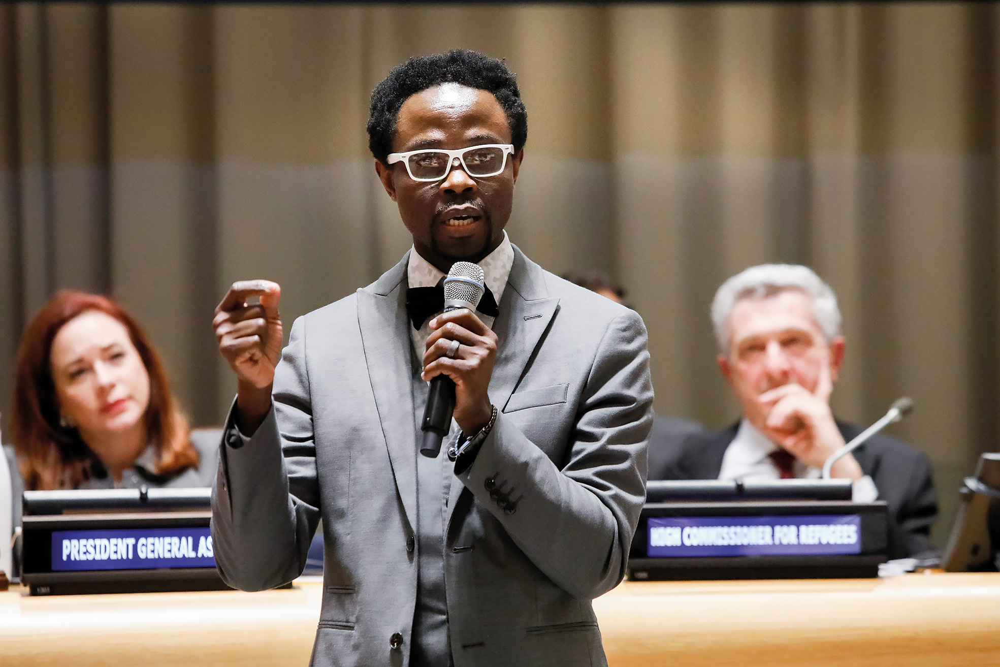 Bertine Bahige, former Congolese refugee and now principal of an elementary school in the United States of America, speaks to Member States representatives before they approved the Global Compact on Refugees aimed at transforming the way the world responds to mass displacement and refugee crises.