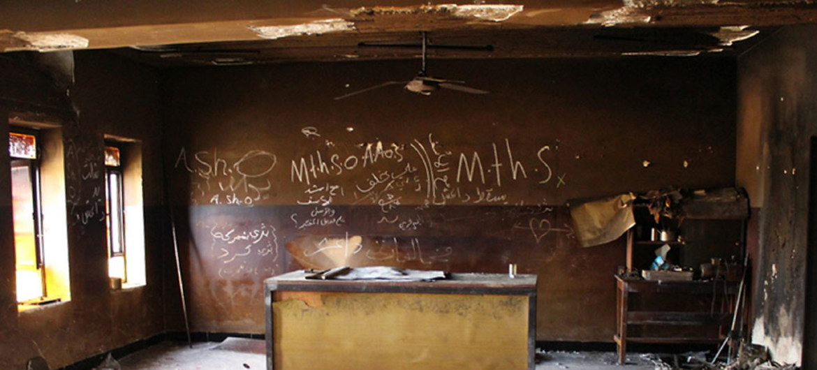A destroyed classroom at Gerver Secondary School in Ninewa Governorate, Iraq