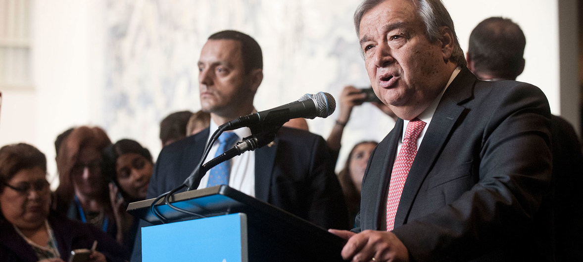 António Guterres, Secretary-General-designate, speaks to journalists