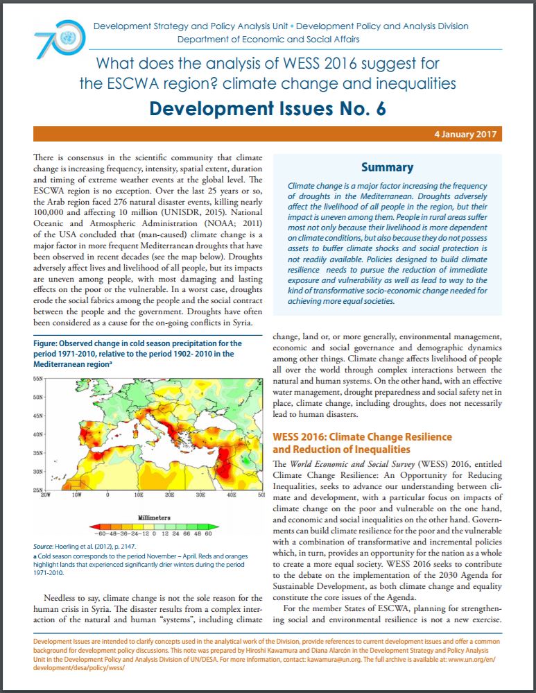 Development Issues No. 6: What does the analysis of WESS 2016 suggest for the ESCWA region? climate change and inequalities