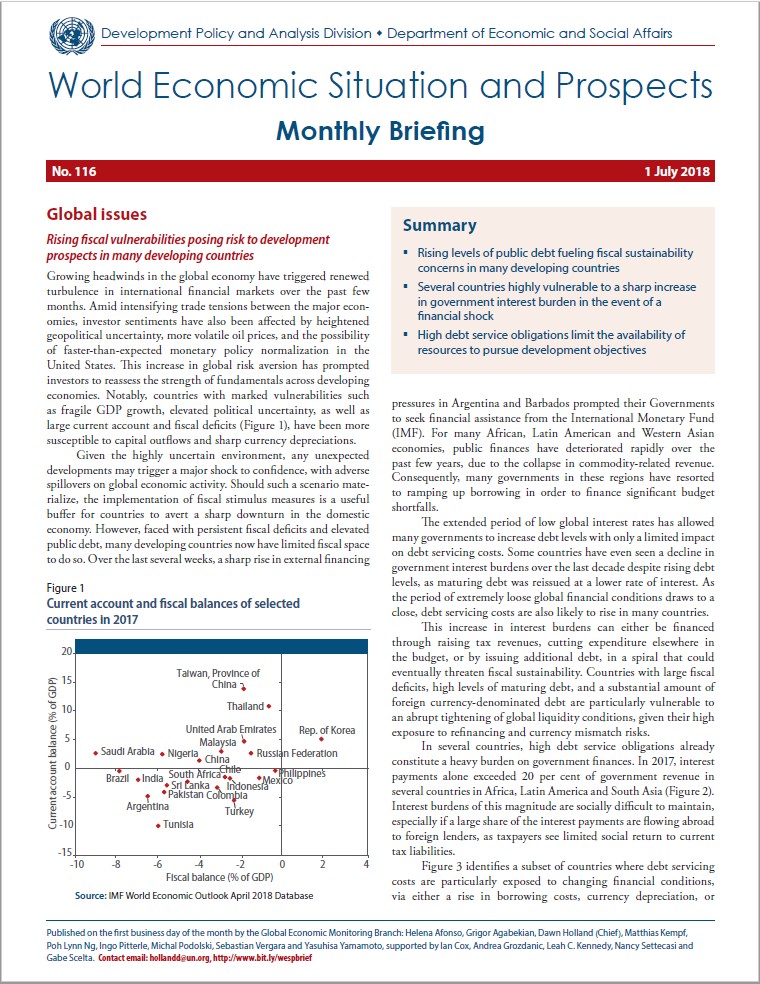 World Economic Situation And Prospects: July 2018 Briefing, No. 116: Cover