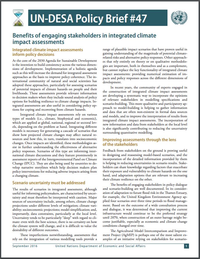 UN/DESA Policy Brief #47: Benefits of engaging stakeholders in integrated climate impact assessments