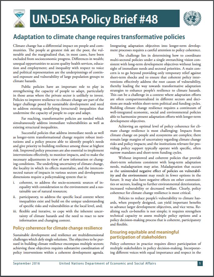 UN/DESA Policy Brief #48: Adaptation to climate change requires transformative policies