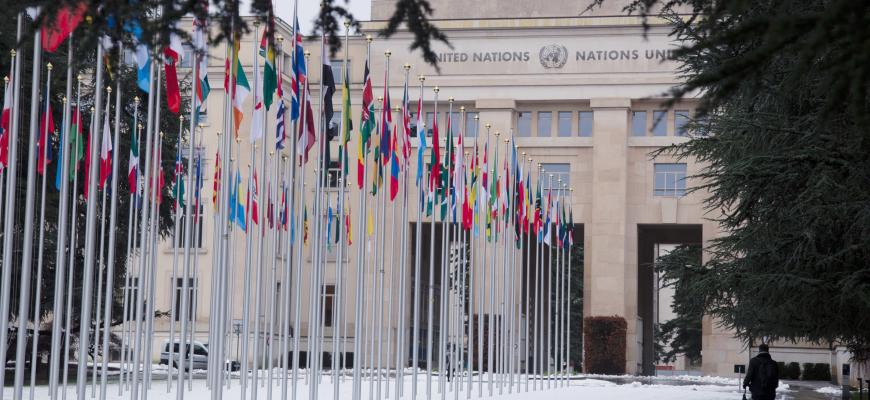 Vue extérieure du Palais des Nations, siège de l’Office des Nations Unies à Genève. Service photogra