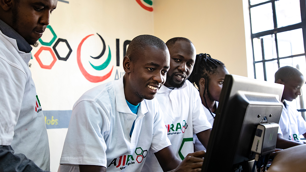 Students at the Ajira Digital Training Centre, a resource centre in the Kamukunji Constituency in Nairobi, Kenya. Secretary-General António Guterres visited the centre and spoke with students.