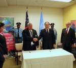 H.E. Mr. Tuilaepa Lupesoliai Sailele Malielegaoi, Prime Minister of Samoa and Mr. Wu Hongbo, Under-Secretary-General of UN DESA and the Secretary-General of the Third International Conference on Small Island Developing States at the signing of the host country agreement on 24 February.