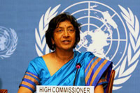 High Commissioner for Human Rights Navi Pillay addresses a press conference after the Durban Review Conference adopted its final outcome document on 21 April.