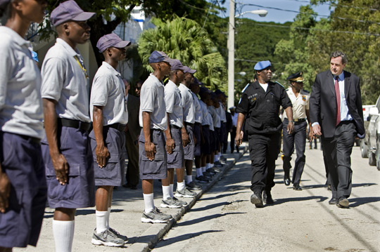 Under-Secretary-General for Peacekeeping Operations Alain Le Roy  together with a senior UN police officer, inspects the local cadets at the Haitian police academy, 2009. UN Photo/Marco Domino