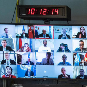 A view from the UNTV studio as members of the Security Council hold an open video conference in connection with the situation in the Middle East (Yemen). UN Photo/Eskinder Debebe