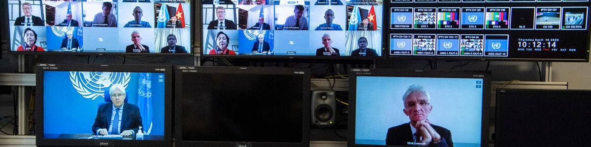A view from the UNTV studio as members of the Security Council hold an open video conference in connection with the situation in the Middle East (Yemen). UN Photo/Eskinder Debebe