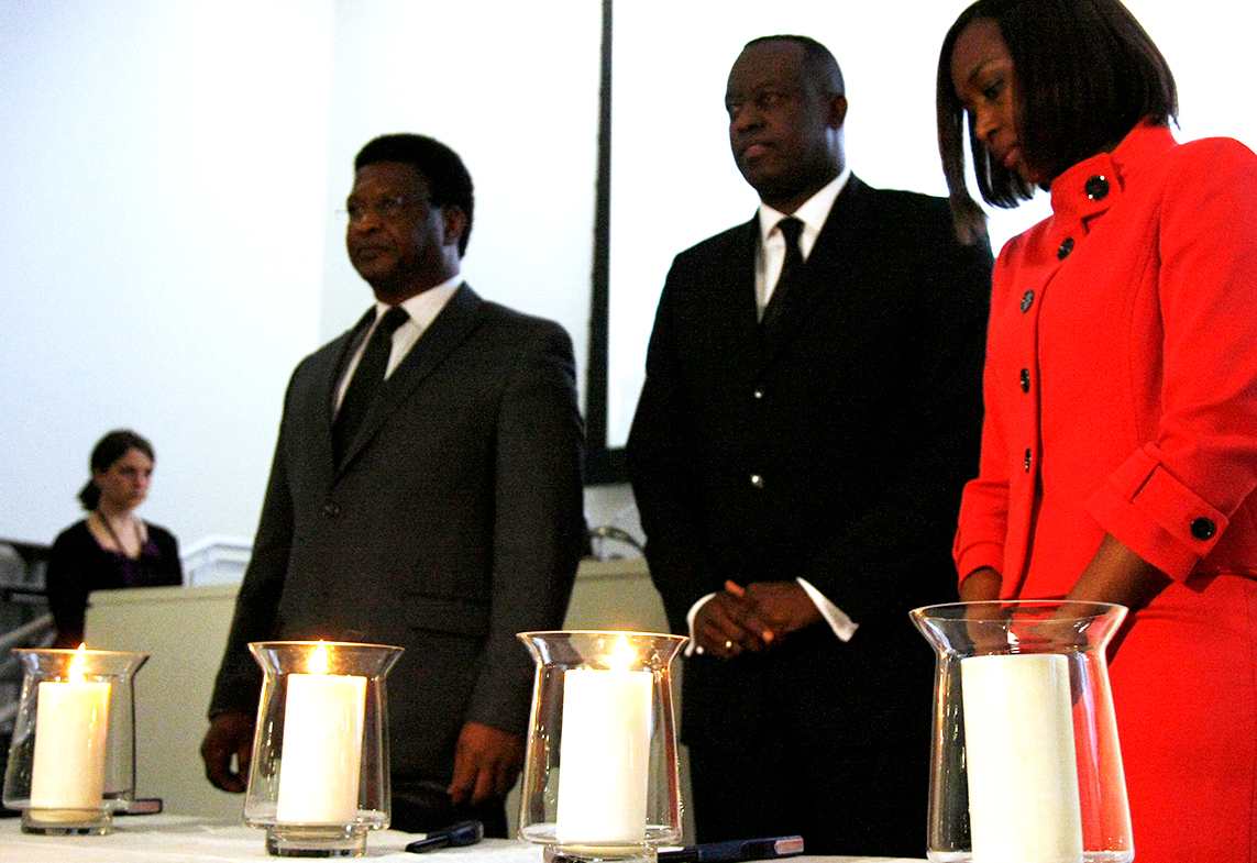 Mr. Abani, Permanent Representative of Niger and Chairperson of the African Group; Mr. Gasana, Permanent Representative of the Republic of Rwanda; and Ms. Ilibagiza, Rwanda genocide survivor, observe a minute of silence.