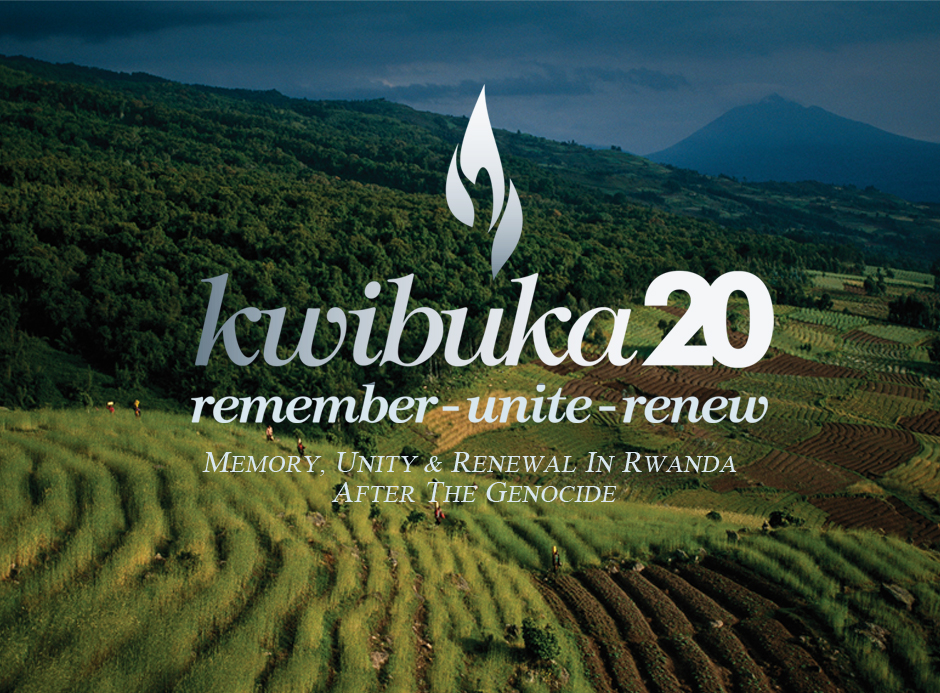 a poster for kwibuka 20 depicting green hills with people walking in the distance
